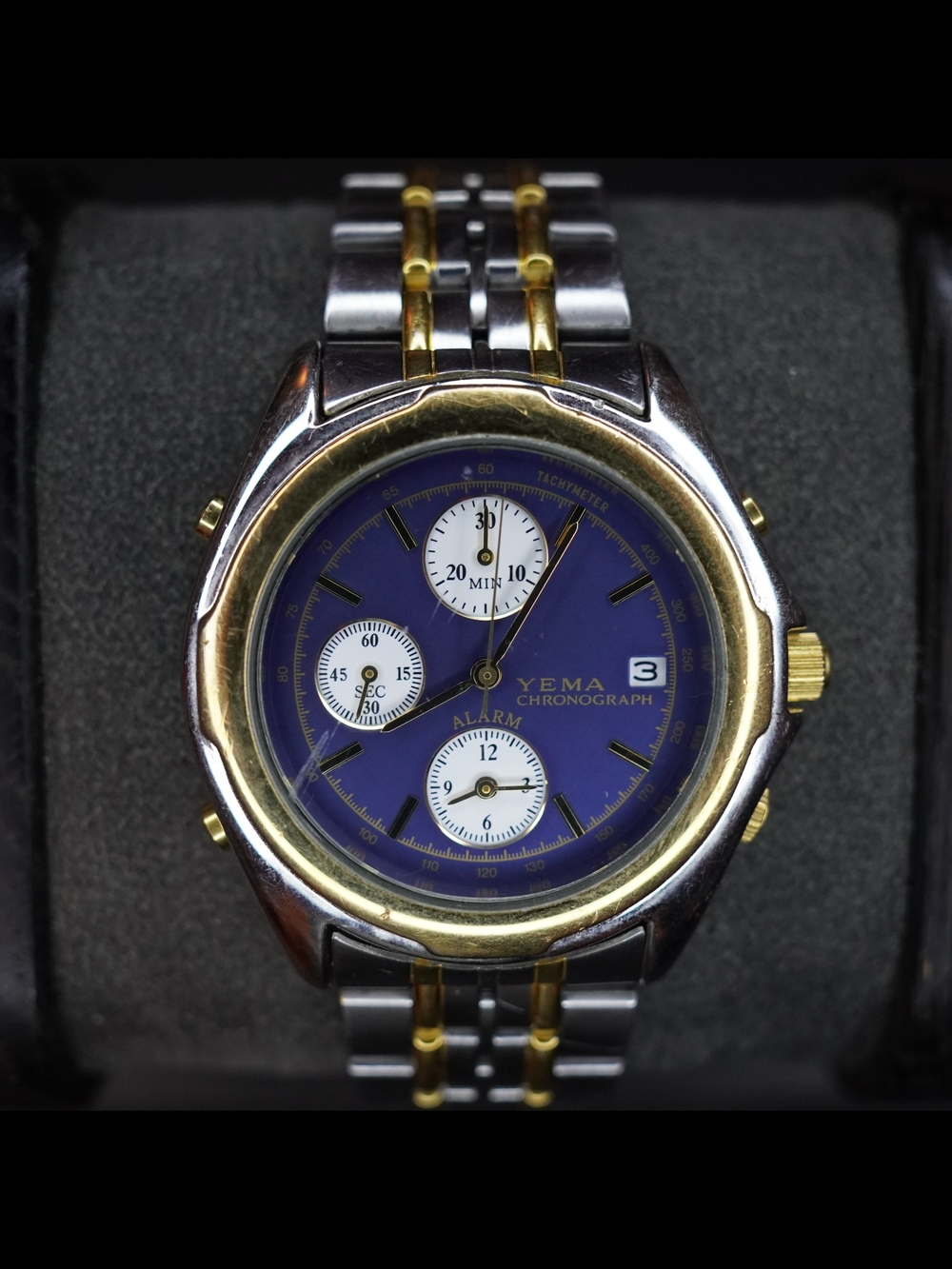Vintage Yema Y182 Alarm Chronograph Quartz Blue Dial Two-Tone Men’s Watch